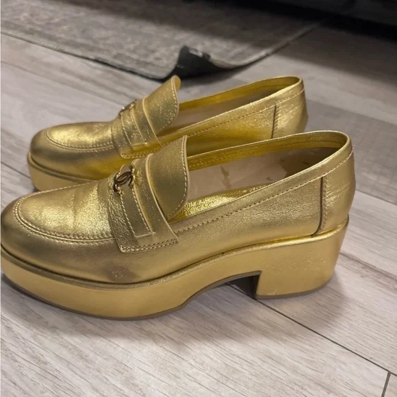 CHANEL Gold Flats Luxurious Metallic Loafers